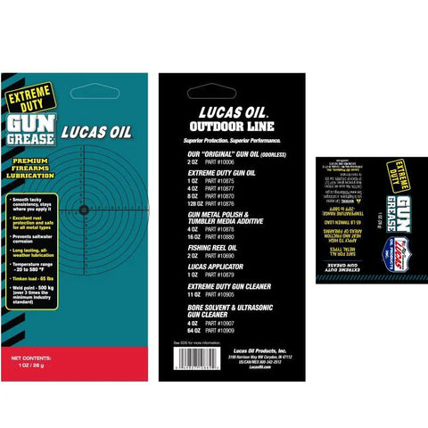 Lucas Oil Extreme Duty Gun Grease packaging (1 oz) – teal front panel with branding; back label on black panel