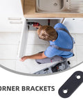 Worker installing Heavy Duty Stainless Steel Shelf Brackets And Corner Repair Plates 12 Pack Metal Corner Braces under kitchen sink.