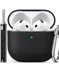 Crystal Clear Slim Protective Case For AirPods 4 And 5 Usb-C Versions 2024 Plus 2026 With Essential Cleaning Kit showing black case and earbuds.
