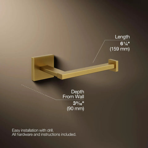 Square Toilet Paper Holder Wall Mount For Modern Bathrooms Durable Chrome Finish Easy Install Keeps Rolls Handy Sleek Bath Accessory That Elevates Any Decor. Pictured is a brass-colored holder detailing dimensions and drill installation instructions.