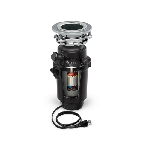 Prep Series One Half Horsepower Continuous Feed Garbage Disposal With Fast Track Technology 2600 RPM Vortex Motor For Quick No Fuss Grinding And Easy Cleanup Power Cord Included, cutaway view showing internal components.