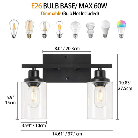Modern Black Vanity Light With Clear Glass Shade, 2 Light Dimmable Wall Mount Fixture For Bathroom Diagram