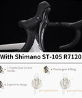 Close-up of Shimano ST-105 R7120 controls on Beast Carbon Road Bike With Lightweight Frame And Wheelset Hydraulic Disc Brakes 56cm White.