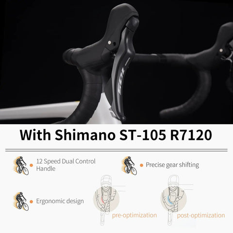 Close-up of Shimano ST-105 R7120 controls on Beast Carbon Road Bike With Lightweight Frame And Wheelset Hydraulic Disc Brakes 56cm White.