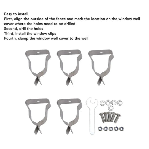 Heavy Duty Window Well Cover Clamp Set Made From Cold Rolled Steel Galvanized Spring Clamps Hardware Kit With Wrench For Corrugated Metal Plastic Covers To Stop Slippage And Keep Your Basement Dry This Rigged Up Gear Is Total Banger. 5 clamps with wrench