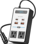 Car Power Inverter DC 12V To 110V AC Converter With Dual AC Outlets And 65 Watt USB C Fast Charger, compact design, LCD readout.