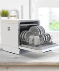 Plug And Play Portable Countertop Dishwasher Automatic Smart Wash System With Built In Storage And Disinfection Mode No Install Headaches Compact Size Perfect For Small Spaces Total Cleaning Breeze with open door and dishes inside.