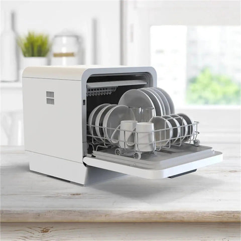 Plug And Play Portable Countertop Dishwasher Automatic Smart Wash System With Built In Storage And Disinfection Mode No Install Headaches Compact Size Perfect For Small Spaces Total Cleaning Breeze with open door and dishes inside.
