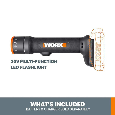 Side view of 20V Power Share Multi Function LED Flashlight With 360 Degree Lantern Desk Lamp Modes Hi and Lo Emergency Light Telescoping Design With Flexible Pivot For Lighting From Any Angle Great for Trunk Or Toolbox Tool Only, showing its compact design.