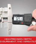 Electronic Depth Gauge With Clear Readout And Fine Adjustment Thumb Roll Removable Hook 0 to 6 Inch Range 0.0005 Inch Resolution