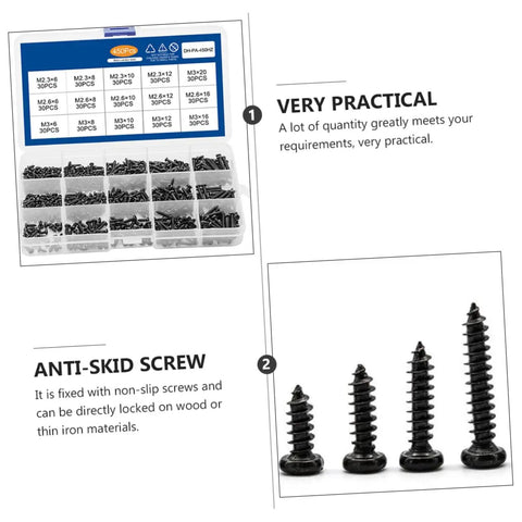 450 Piece Black PA Cross Head Round Self Tapping Screws Kit For Electronics And Furniture Repairs with sorted compartments