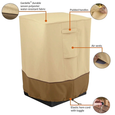 Veranda Water Resistant 21 Inch Outdoor Fire Column Cover With Gardelle Fabric System Weatherproof Shield features descriptions.