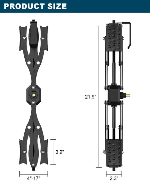 X Shape Wheel Chocks Stabilizer XL For Travel Trailers Campers And Trucks Double Sets 4 To 17 Inch With Drill Adjust Locked RV Tire Stabilizers Includes Wrench Wheel Scissor Durable And Easy To Use shown in dimensions and details