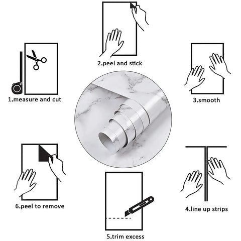 Illustrated steps to apply Marble Contact Paper Peel And Stick Self Adhesive 15.7 Inch By 118 Inch Glossy White And Grey Marble