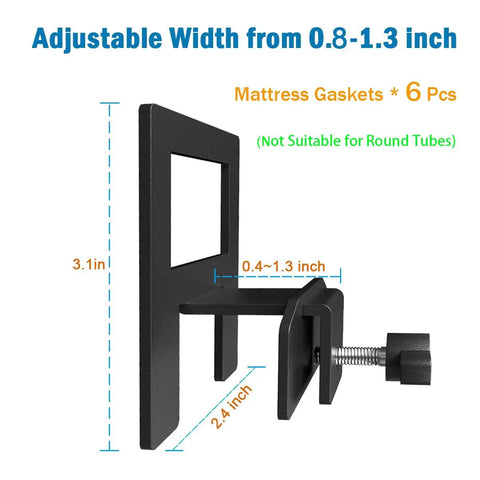 Heavy Duty Adjustable Non Slip Mattress Gripper Set For Metal Bed Frame anchors, showing adjustable clip dimensions in black.