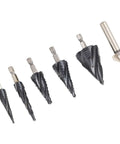Premium 5 Piece Step Drill Bit Set With M35 Cobalt Steel And Four Spiral Flutes, Includes 1/4 Inch Shank Tool For Cutting Stainless Steel And Hard Metals Like A Boss In No Time Flat, five bits shown