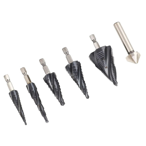 Premium 5 Piece Step Drill Bit Set With M35 Cobalt Steel And Four Spiral Flutes, Includes 1/4 Inch Shank Tool For Cutting Stainless Steel And Hard Metals Like A Boss In No Time Flat, five bits shown