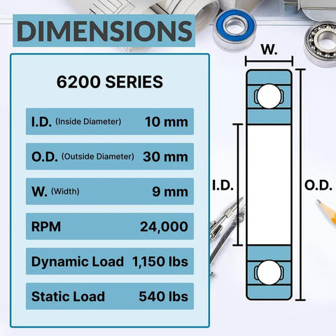 6200-2RS bearing (10x30x9 mm), chrome steel sealed ball bearing with rubber seal, shown with dimensions