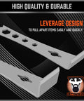 Close-up of two-piece pry bar set with stainless steel flat pry bars and hex driver function for trim, demolition, repair.