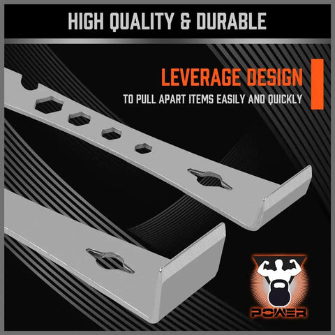 Close-up of two-piece pry bar set with stainless steel flat pry bars and hex driver function for trim, demolition, repair.