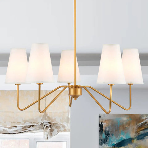Modern Antique Brass Pendant Chandelier With Creamy White Fabric Shade Dimmable Five Light Fixture For Dining Room UL Listed