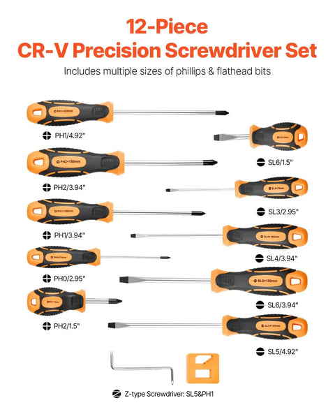 12 Piece Screwdriver Set With Magnetic Tips And Crv Steel Build, precision tools with multiple sizes of bits for versatile use.