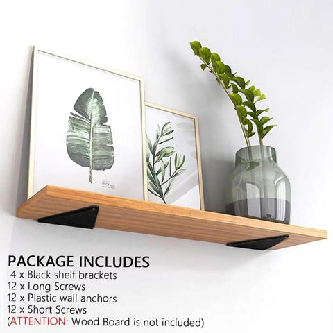 Four Pack Floating Shelf Brackets 4x3 Inch Hidden Triangle Design holding framed art and vase on wood shelf