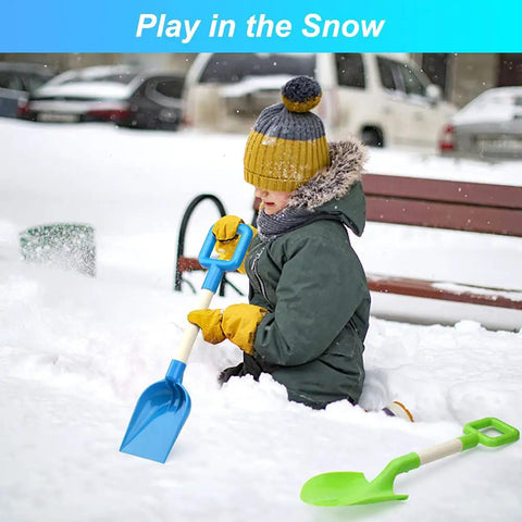 Child playing in snow with 16 Inch Kids Beach Shovel Set 3 Pack With Solid Wood Handles ABS Plastic Digging Spades Rakes And Scoops