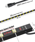 Heavy Duty 12 Outlet Industrial Power Strip With Wide Spaced Outlets And A 15 Foot Cord, 2100 Joules Surge Protection, 15A Circuit Breaker, Double Pole Protection, Metal Housing For Workshop Garage And Office Gear shown with 12 outlets and 15 ft cord