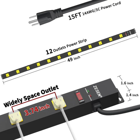 Heavy Duty 12 Outlet Industrial Power Strip With Wide Spaced Outlets And A 15 Foot Cord, 2100 Joules Surge Protection, 15A Circuit Breaker, Double Pole Protection, Metal Housing For Workshop Garage And Office Gear shown with 12 outlets and 15 ft cord