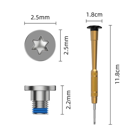 1 Piece Screwdriver And 10 Piece Screw Set For Ray Ban Meta Wayfarer Skyler Headliner Gen 2 And Oakley Meta HSTN Smart Glasses Temple Screws Replacement Kit Quick Fix For Loose Temples showing screwdriver and screw dimensions