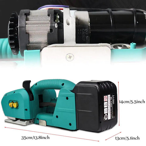 Portable Battery Powered Welding Strapping Tool Auto Tension Packer For Pet And Pp Straps with detailed dimensions and motor view.