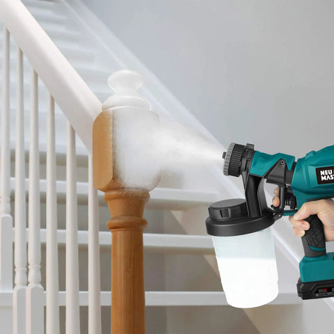 Person using HVLP Electric Paint Sprayer Handheld With 1200ml Detachable Canister, Three Spray Patterns And Three Nozzles on stairs