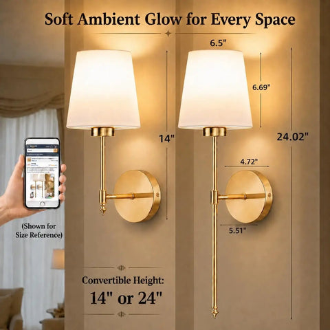 Premium Gold Wall Sconces Set Of 2, Wireless Rechargeable And Dimmable Battery Operated Lights, showing dimensions for setup.