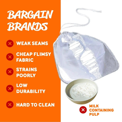 Bargain brand milk strainer bag with weak seams and low durability next to bowl of milk with pulp, highlighting quality issues.
