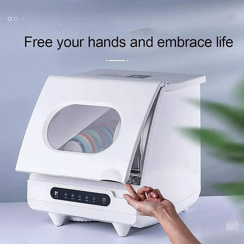 Slick Countertop Dishwasher With Stainless Steel Tub And Six Place Settings Rack Portable Kitchen Fix, open showing colorful dishes.