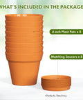 Stack of 4 inch plastic plant pots with drainage holes and trays, 8 pack, terracotta look, indoor and outdoor use