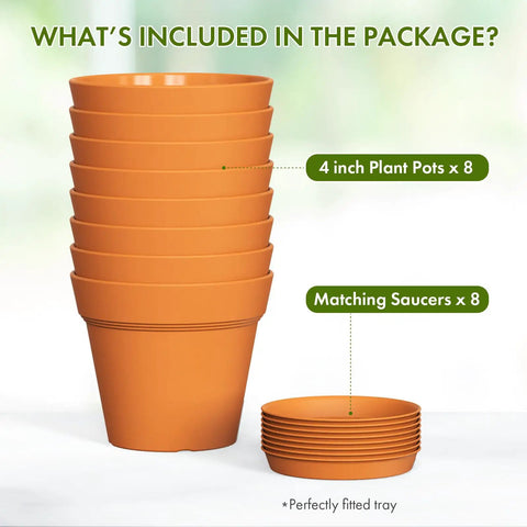 Stack of 4 inch plastic plant pots with drainage holes and trays, 8 pack, terracotta look, indoor and outdoor use