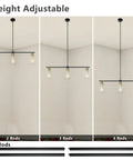 Three Light Linear Farmhouse Kitchen Island Lighting In Black And Gold Finish With Glass Shades shown in adjustable heights