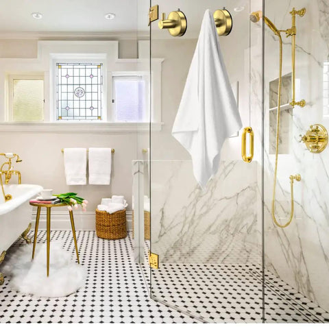 Set of 4 Brushed Gold Suction Cup Shower Hooks, 15 Lb Capacity, SUS 304 Stainless Steel Towel Hooks displayed in modern bathroom