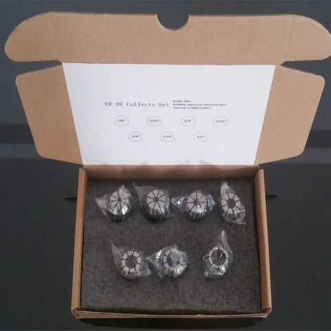 ER20 Spring Collet Set 7-Pack 1/8 to 1/2 Inch, Pro Grade Steel, open box with collets in foam, high precision 1065 carbon steel