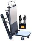 Professional Electric Stair Climbing Dolly With Thick Rubber Tracks And Adjustable Speed, Folding Heavy Duty Moving Cart That Kicks Serious Weight Up To 661 Lbs, Includes Battery And Gloves, showcasing dolly and gloves.