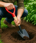 Person using a shovel with a short wooden handle replacement 36cm for garden shovels, spades, rakes and pitchforks - durable D-shaped grip