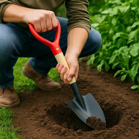 Person using a shovel with a short wooden handle replacement 36cm for garden shovels, spades, rakes and pitchforks - durable D-shaped grip