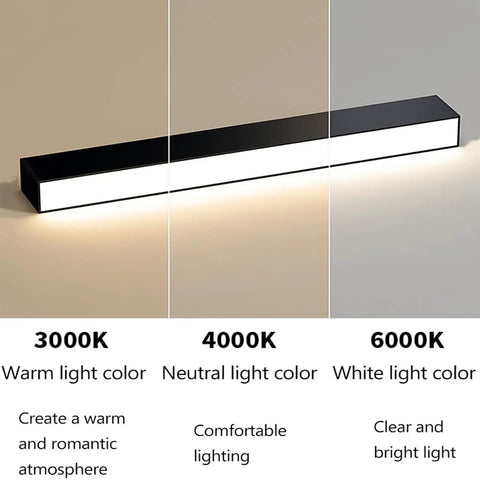 Black Matte LED Linear Pendant Light Ceiling Mount Fixture Aluminum Build 200CM Length White 6000K Daylight Ideal For Kitchen Or Workshop Modern Dope Lighting Sleek Look with color temperature examples.