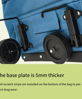 Close-up of collapsible shopping cart base with 360 degree swivel wheels and anti-scratch strips in lake blue.