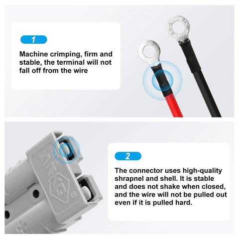 Road Ready 2 Pack Battery Quick Connect Terminals With Snap Tight O Ring Seals showing machine crimping and secure connectors.