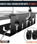 Close-up of two pack 15.75 inch under desk cable management tray set with black clamps and 20 cable ties for cluttered desks.