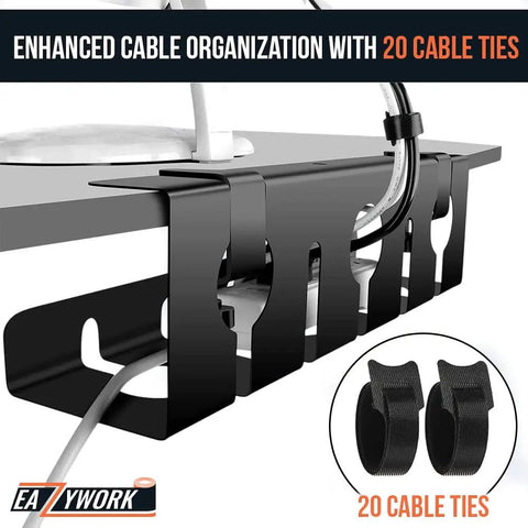 Close-up of two pack 15.75 inch under desk cable management tray set with black clamps and 20 cable ties for cluttered desks.