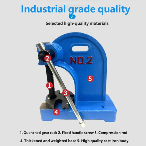 Solid Cast Iron Manual Arbor Press 2 Ton Desktop Stamp Press With Reversible Plunger And 8.5 Inch Work Height close-up detail view with labeled features.